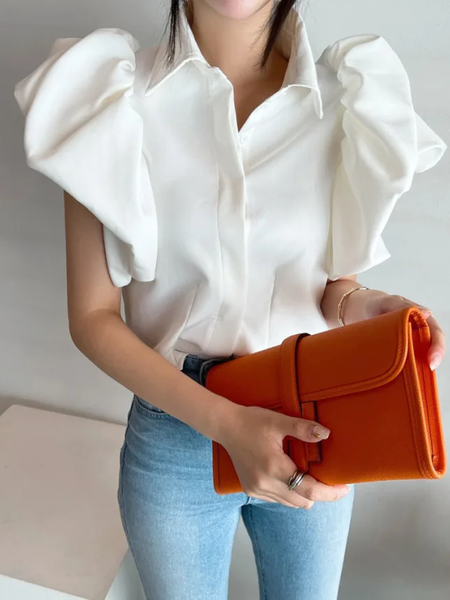 

Chic Summer Casual ort Sve Bubble Sve irt Women's Single Button Stand Collar Design Sense Loose Fit Commute Sle