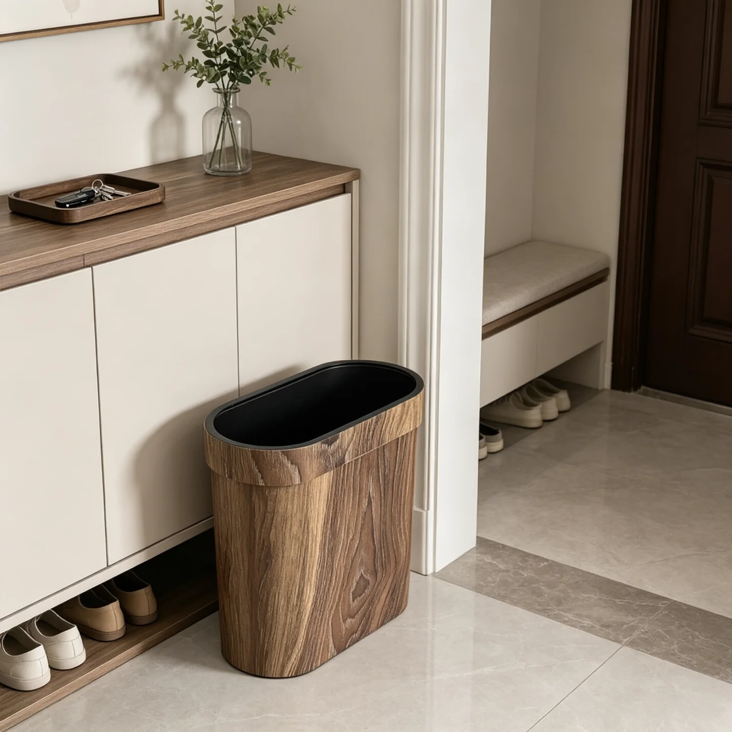 Slim Narrow Gap Wood Grain Plastic Trash Can, Oval Open‑Top Decorative Waste Basket, Skinny Profile Dustbin With Trash Bag Fixing Rim for Bathroom Kitchen Bedroom Apartment