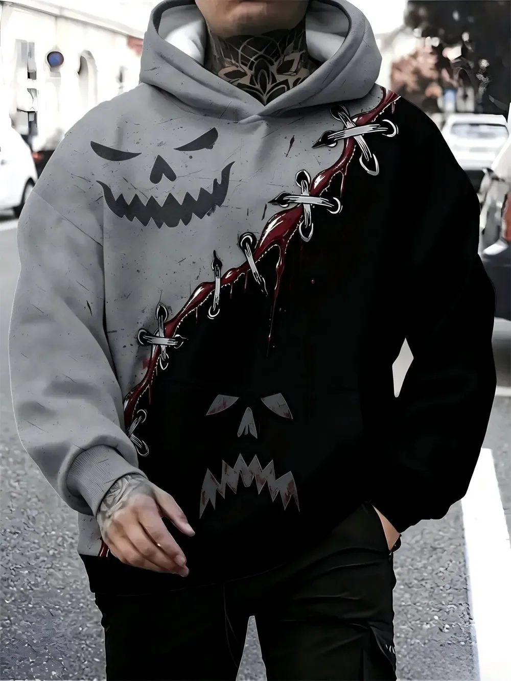 Men Women 3DPrint Halloween Scary Dual Pumpkin Face Blood Stitch Graphic Pullover Hooded Sweatshirt Casual Party Streetwear Tops