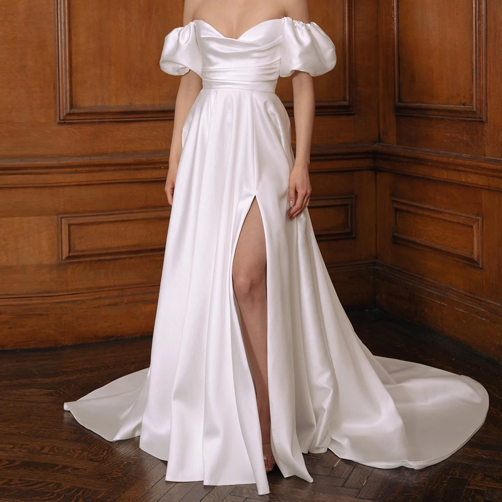 

Modern Satin Off the Shoulder Side Slit Wedding Dress Classic A-Line Short Sleeves Strapless Gown Floor Length Puff Sleeves 2024