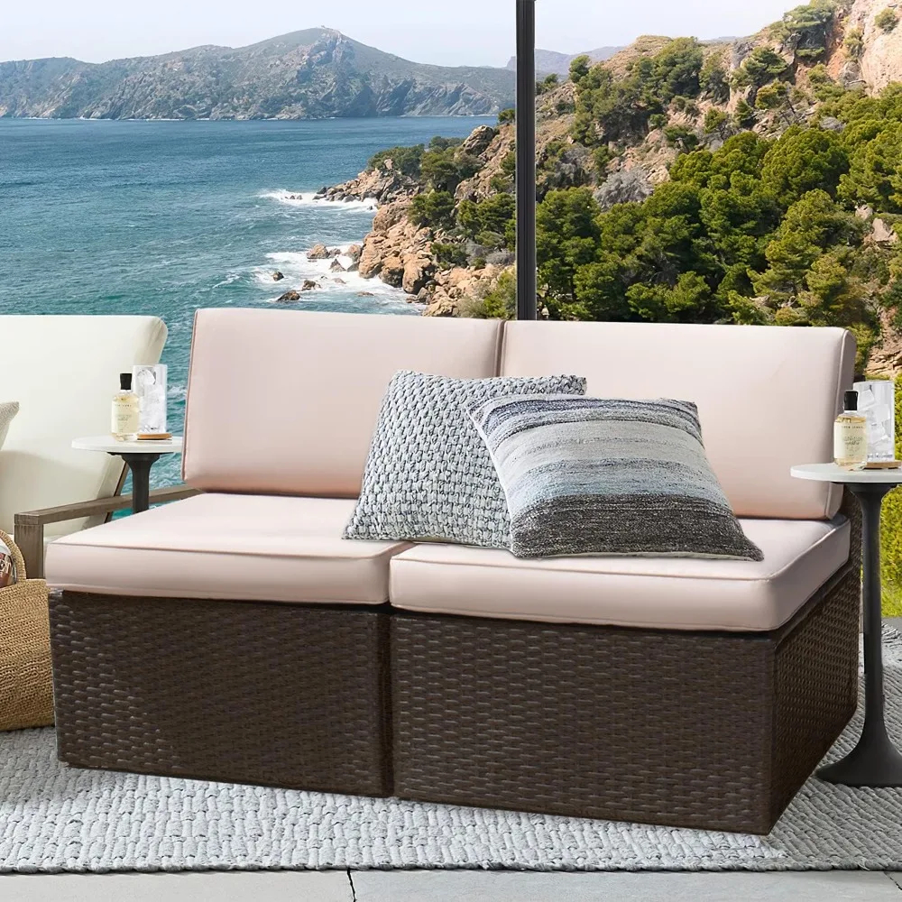 

2 Pieces Patio Furniture Sets All-Weather Outdoor Sectional Armless Sofa (Beige)
