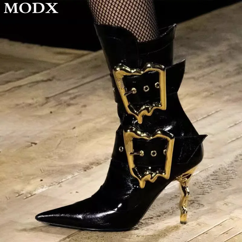 

Pointed Toe Strange Style Heel Short Boots 2024 New Metal Belt Buckle Side Zip Super High Heel Runway Fashion Boots Mujer Botas