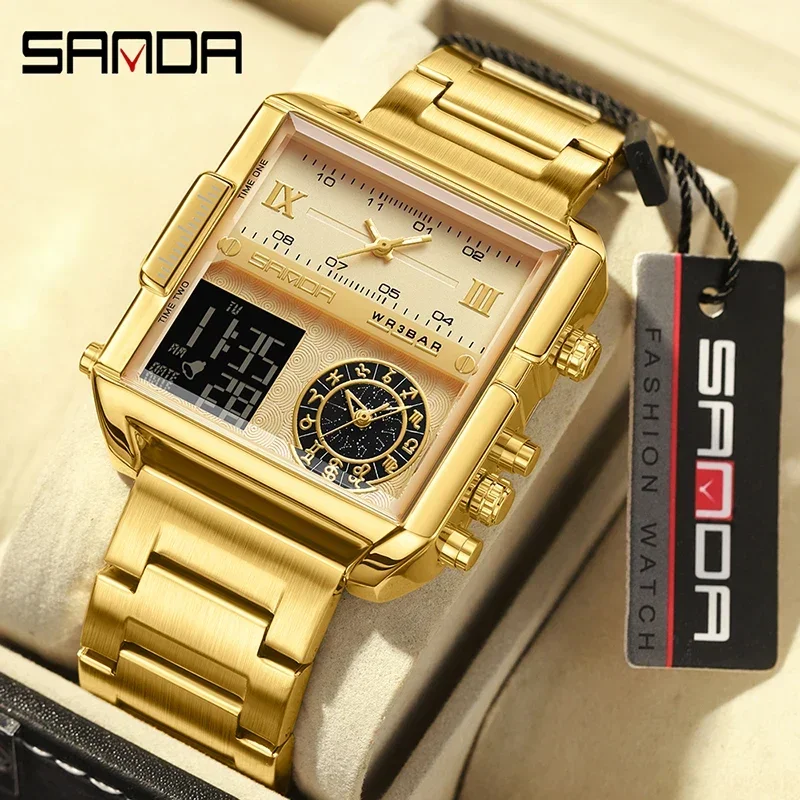 

SANDA 2023 New Multifunctional Three Places Time Luminous Waterproof Watch Luxury Gold Mens Watches Quartz Watch Digital Display