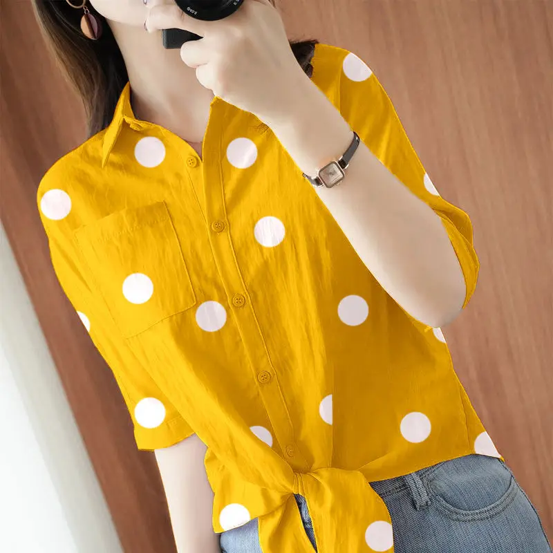 Oversized Vintage Printed Polka Dot Lapel Bandage Button Bow Chiffon Shirt Summer New Commute Tops Loose Casual Woman Blouses