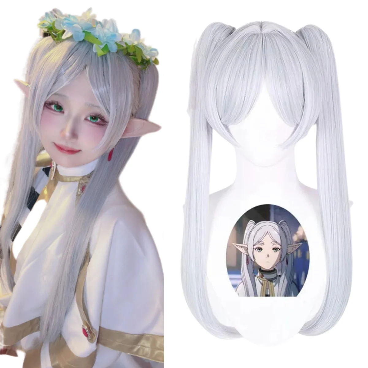 

Anxin Cosplay Frieren Wig Short Length Silver White Long Straight with Two Ponytails