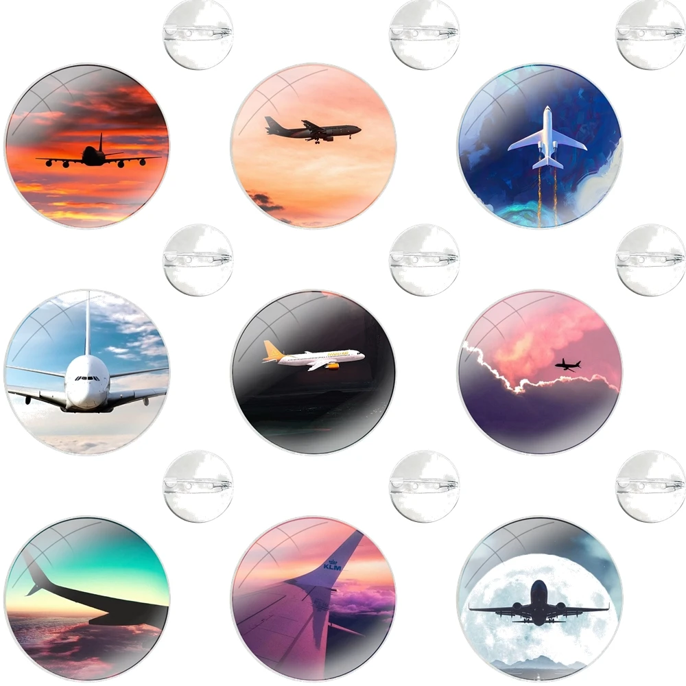 Glass Dome Brooches Badge Pins For Clothes Hat Shirt Lapel Bag Aircraft Airplane fly travel cloud Plane