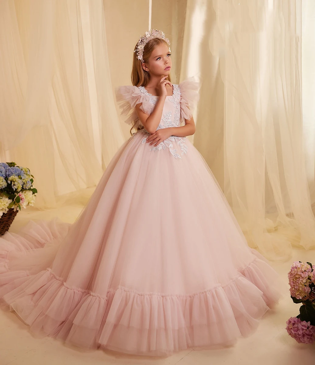 Light Pink Flower Girl Dress For Wedding Embroidery Tulle Applique Ruffles With Train Birthday Gowns Kids First Communion Dress