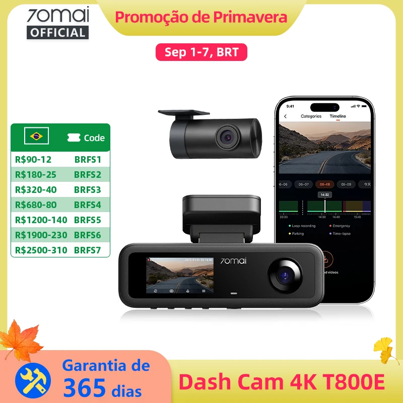 Câmera Veicular 70mai T800E 4K HDR com 3 Canais, Abertura F1.55, Supercapacitor, Controle por Voz, GPS, DVR Automotivo, WiFi 6 5GHz