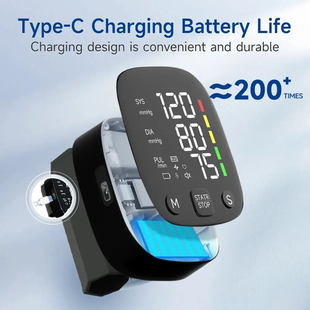 New LED Rechargeable Wrist Blood Pressure Monitor English / Russian / Portuguese / Spanish Voice Broadcast Tonometer BP Monitor