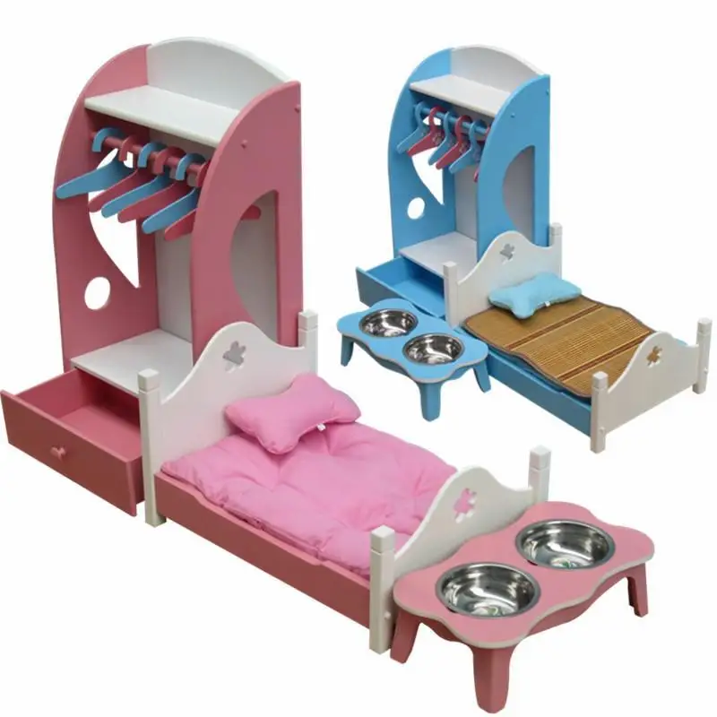 High Quality Wooden Pet Furniture Set Dog Bed Clothes Wardrobe Dog Feeder Bowl