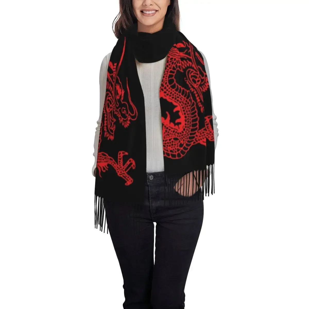 Custom Female Long Red Chinese Dragon Scarves Women Winter Soft Warm Tassel Shawl Wraps Asian Oriental Style Art Scarf