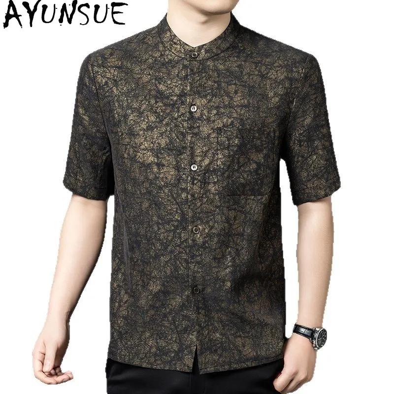 AYUNSUE 100% Real Mulberry Silk Shirts for Man Summer Top 2026 High Quality Short Sleeve Shirts Fashion Men's Shirts Ropa Hombre