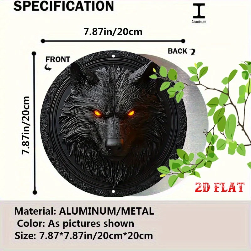 Vintage Gothic Wolf Head HD Print Metal Tin Sign – Featuring 3D Embossed Black Wolf with Glowing Orange Eyes, Intricate Fur Text