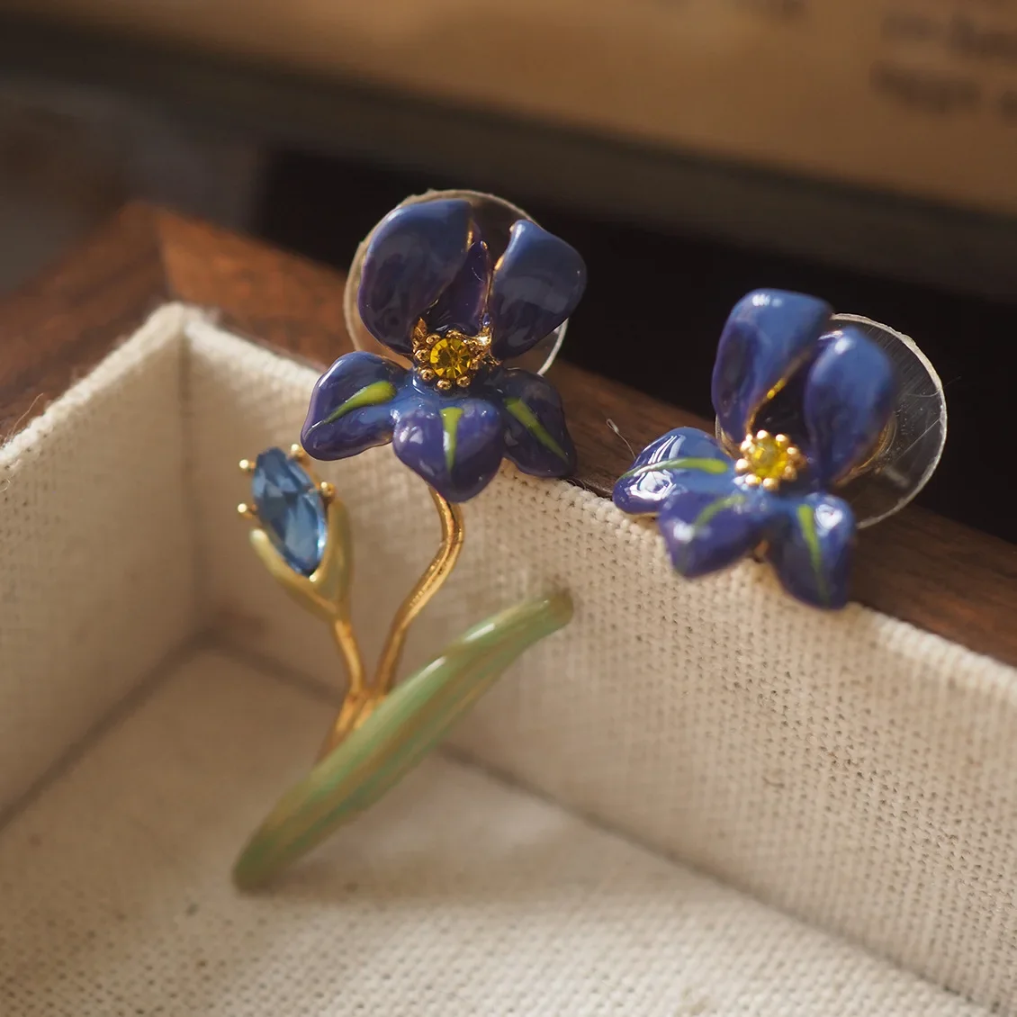 N Enamel Crafted Vintage New Chinese Iris Blue Asymmetrical Tassel Earrings