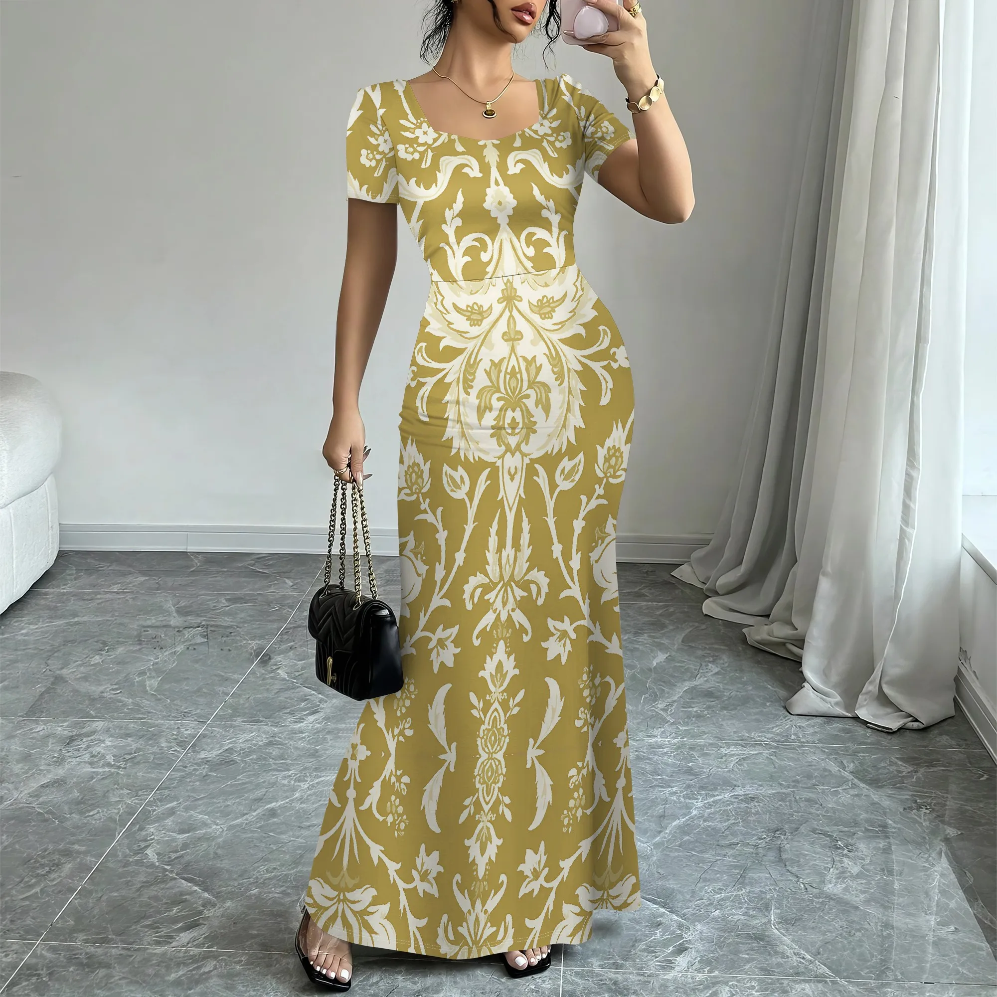 

Elegant Bodycon Maxi Dress For Women Baroque Floral Print Gold Short Sleeve Slim Fit Formal Party Wedding Guest Dress XS-3XL