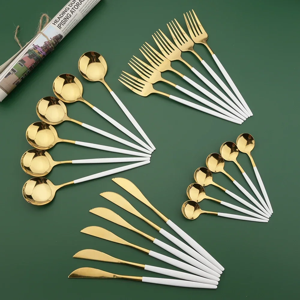 16/24/32/48Pcs Dinnerware Set White Gold Dinner Cutlery Set Stainless Steel Flatware Fork Kitchen Knife Fork Spoon Tableware Set
