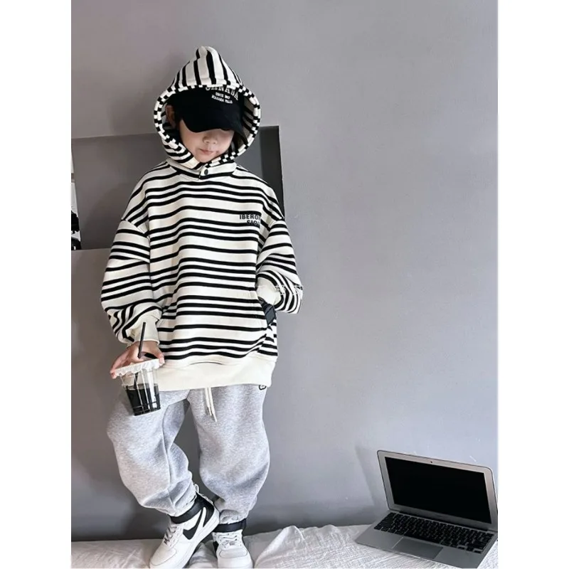 Boys\' hoodie set, children\'s hooded striped top+casual pants two-piece set, 2024 Spring and Autumn Boys Korean Fashion Clothing