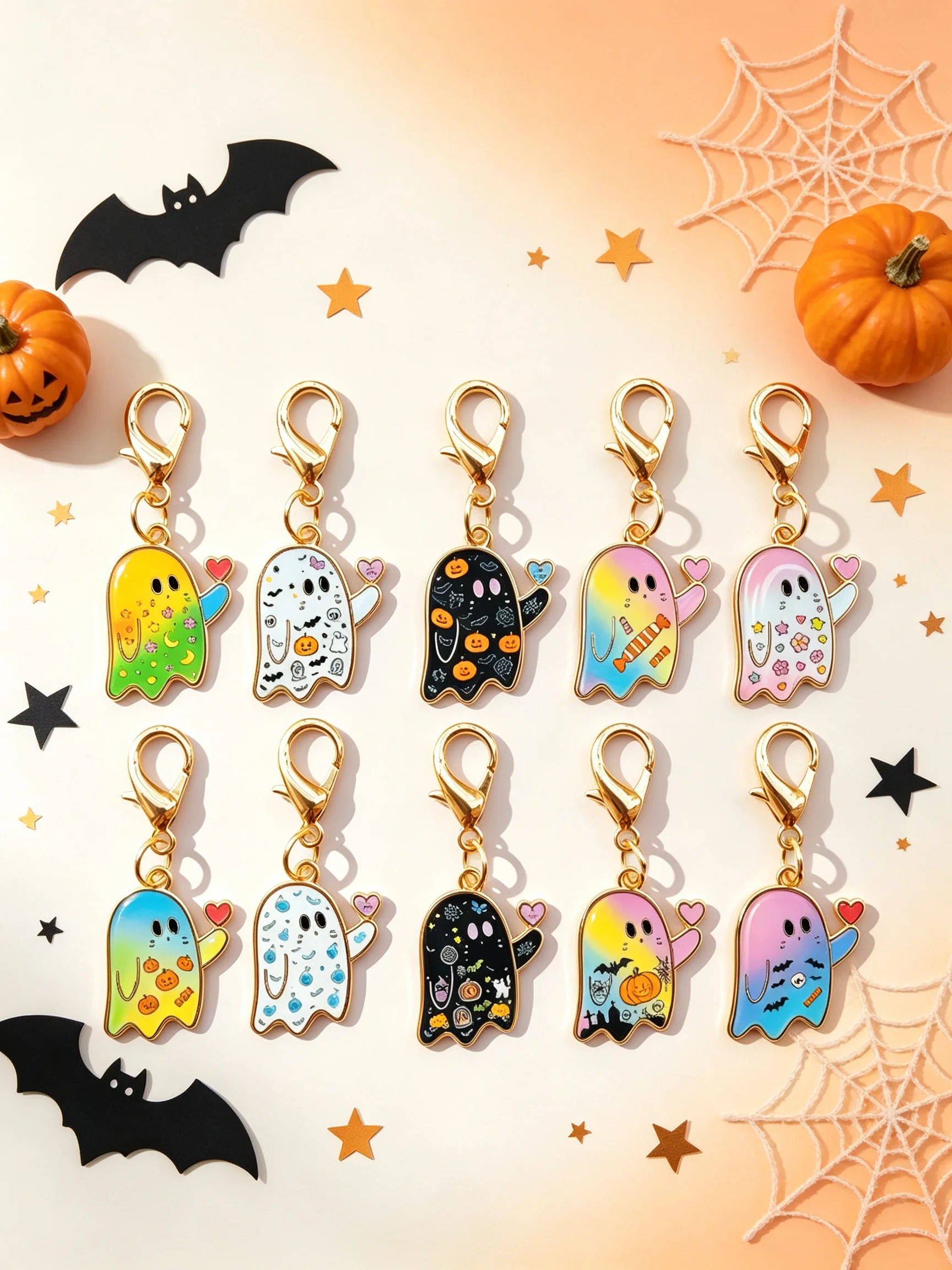 10 Stück niedliche Geister-Emaille-Schlüsselanhänger, Halloween-Charm, Karabinerverschluss, Taschenanhänger, Cartoon-Geist-Schlüsselring, Rucksack-Dekoration, Geschenk – Detail 1