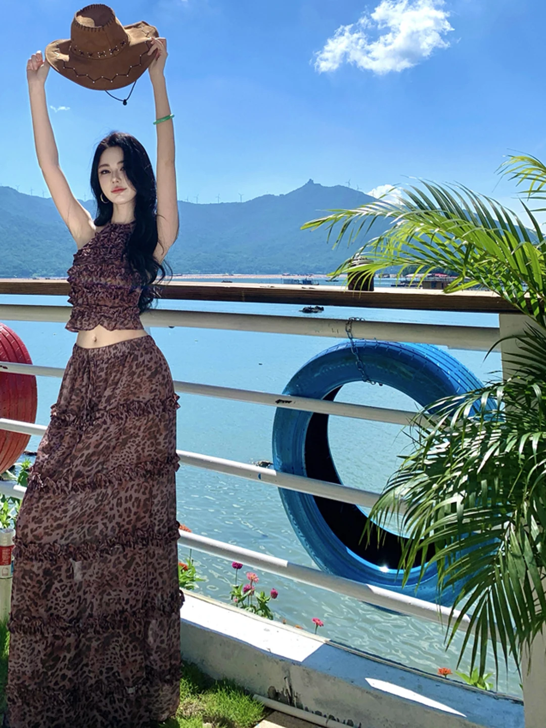 Sexy Leopard Print ter Ne  Dr And Hat Beach Vaion Sle Women's Faion Set Breathable Lightweight Summer Outfit