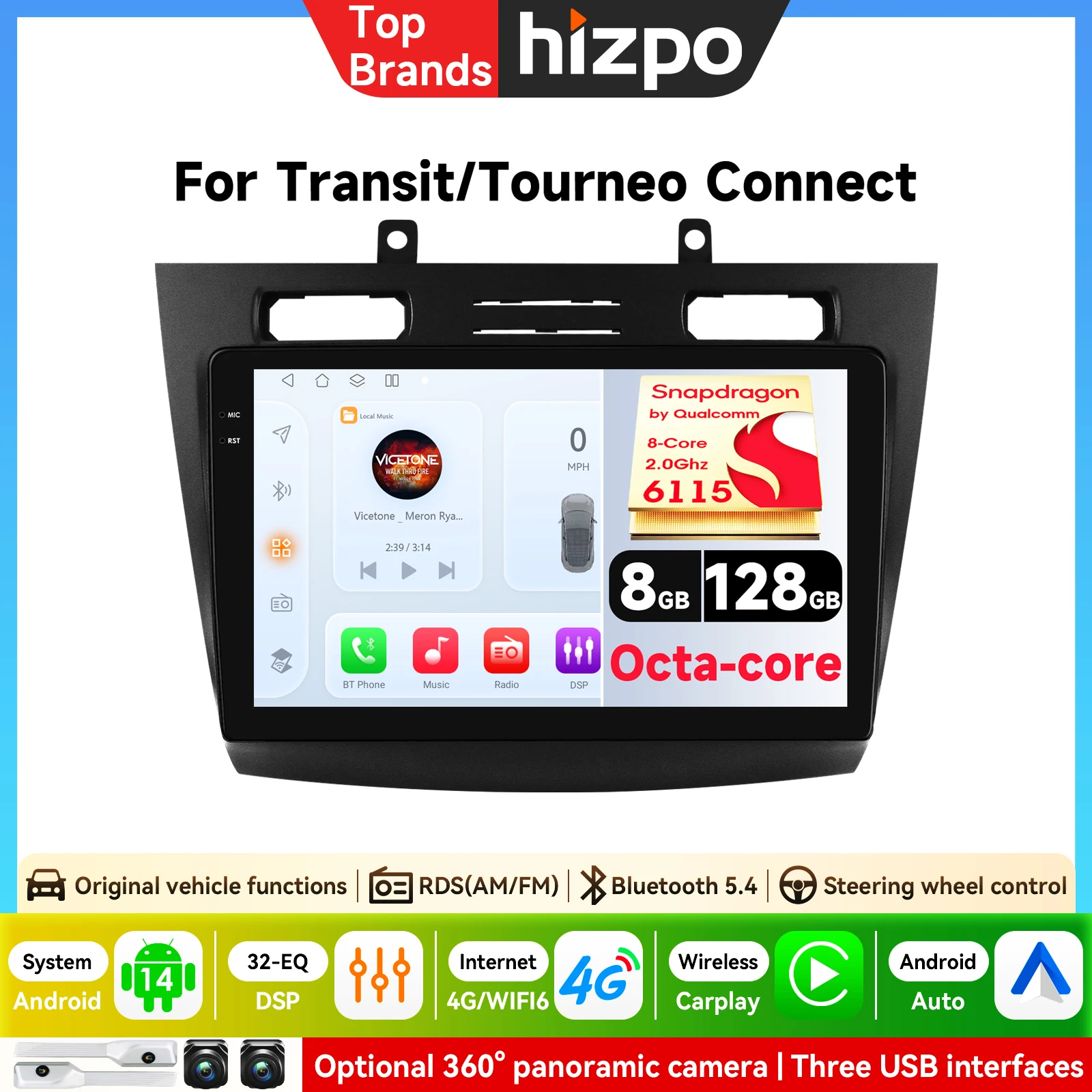 Autoradio Android pour Ford Transit / Tourneo Connect 2005 - 2014, lecteur multimédia vidéo, Carplay, GPS, écran, unité principale