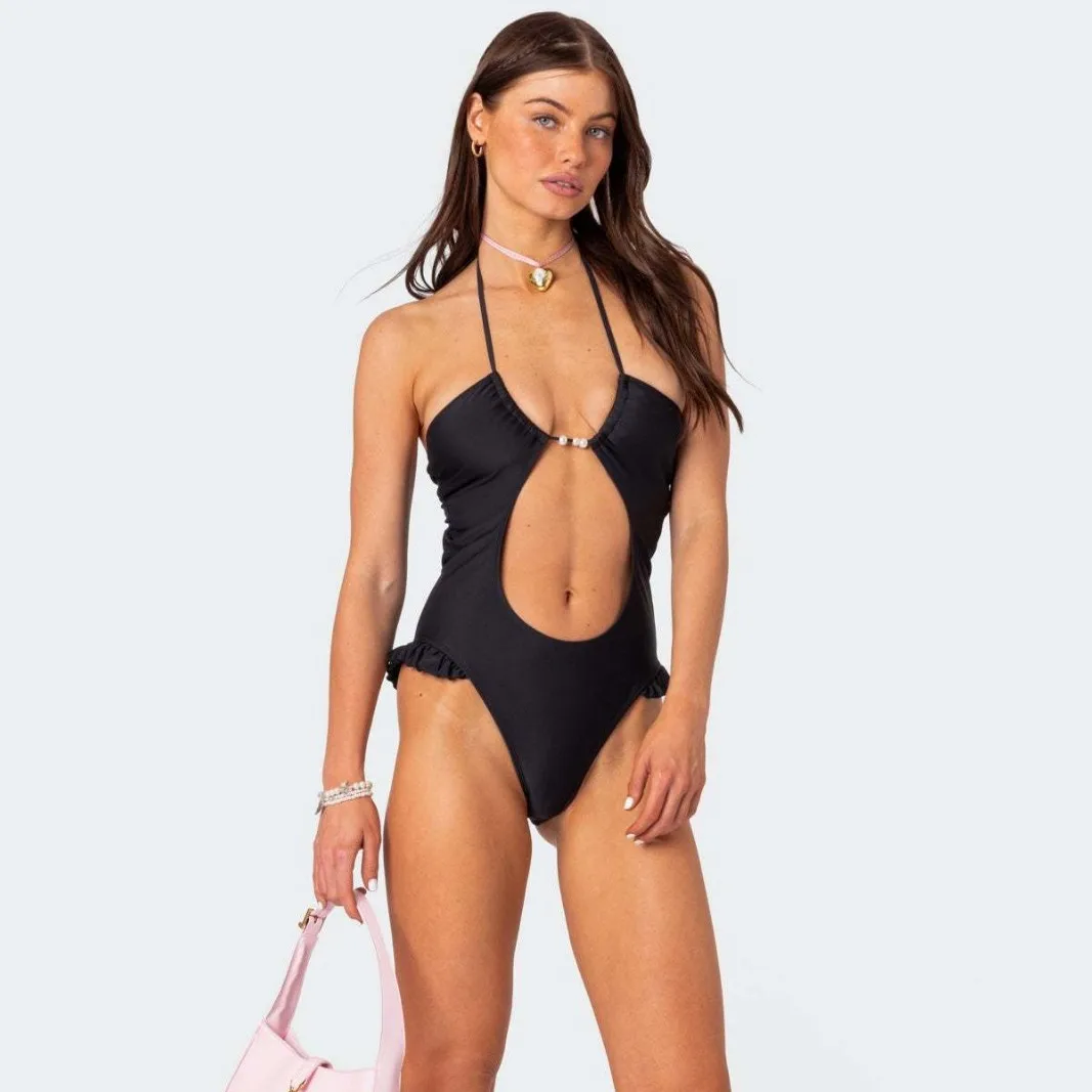 

2025 Summer Solid One-Piece Bikini Sexy Tie-Front Triangle Backless Swimsuit Women's Tight Bathing Suit Women Swim Bodysuit New