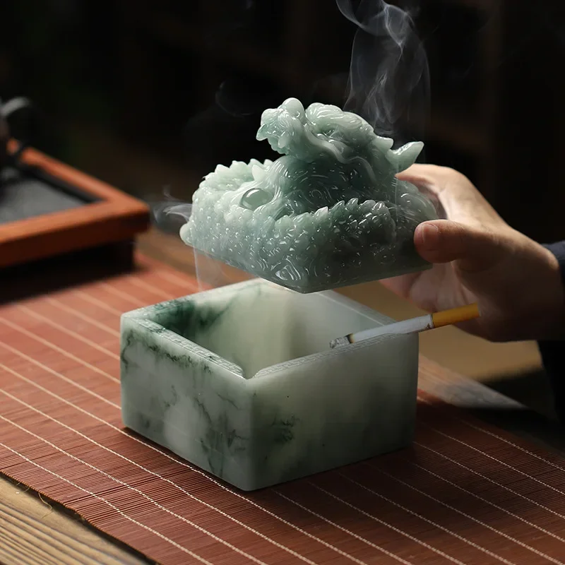 Chinese Style Jade Dragon Print Ashtray Retro Decoration Ornament For Living Room Coffee Table Tea Room Household Use