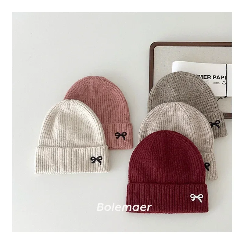 1 Piece 2024 New Fashion Knitted Hat for Kids Girl Sweet Embroidery Bow Kids Girl Beanie Cute Autumn Winter Warm Elastic Hat