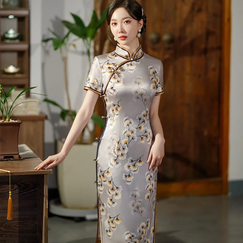 High-End Quality Real Silk Cheongsam Qipao Retro Dress Women Chinese Chi-Pao