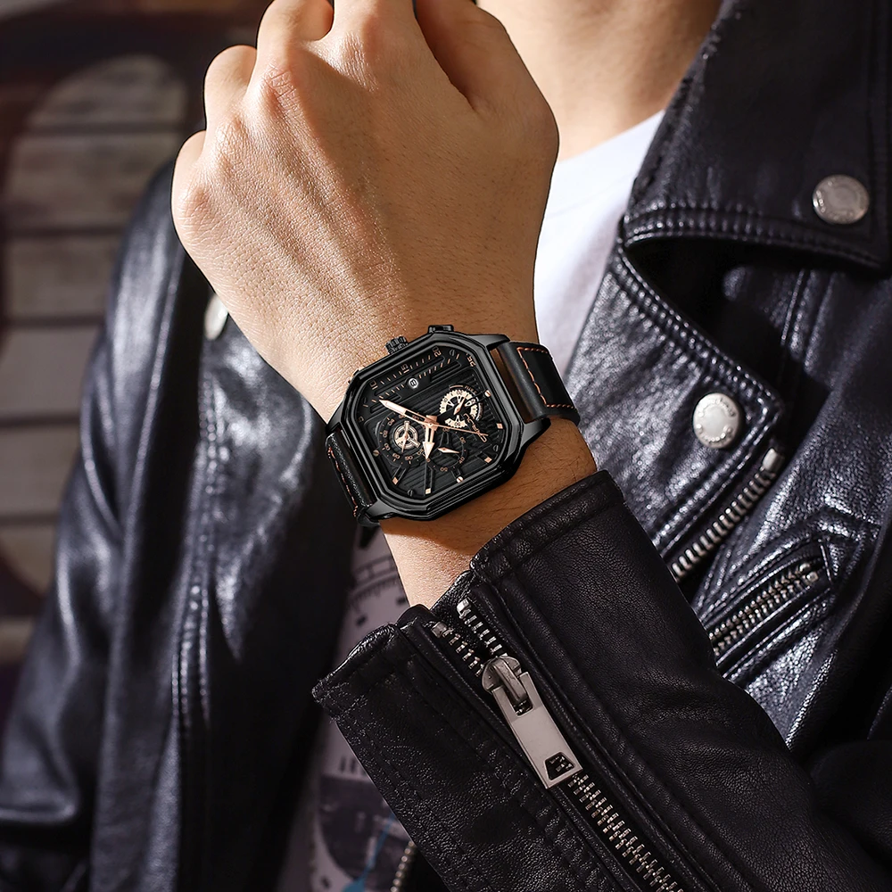 CRRJU Men Watch Square Quartz Chronograph Luminous Dial Leather Casual Sport Wristwatch Relogio Masculino