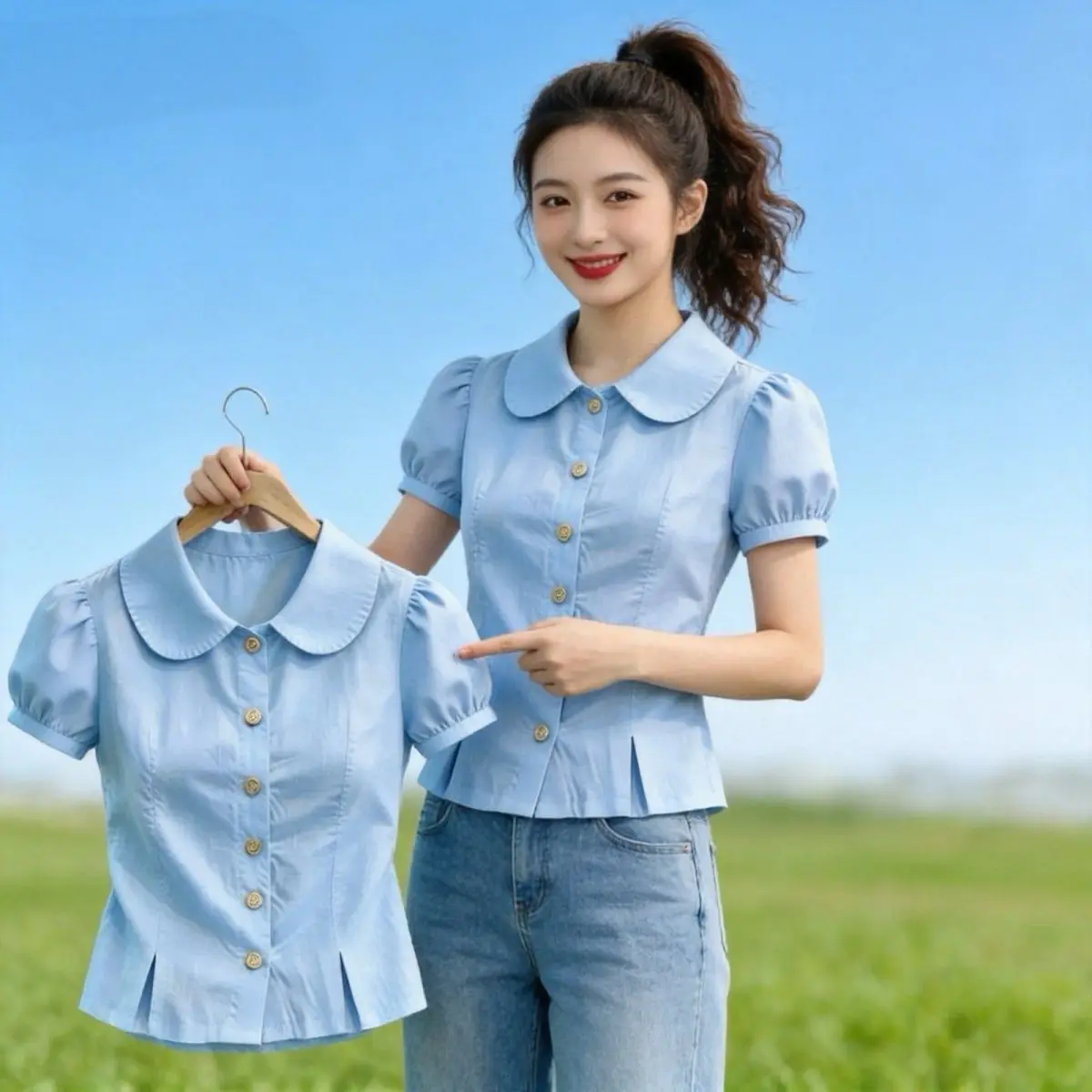 Fashionable  Color Short Sleeve Shirt Women's Summer New Sweet Doll Collar Design Sense Elegance Open Cardigan Top