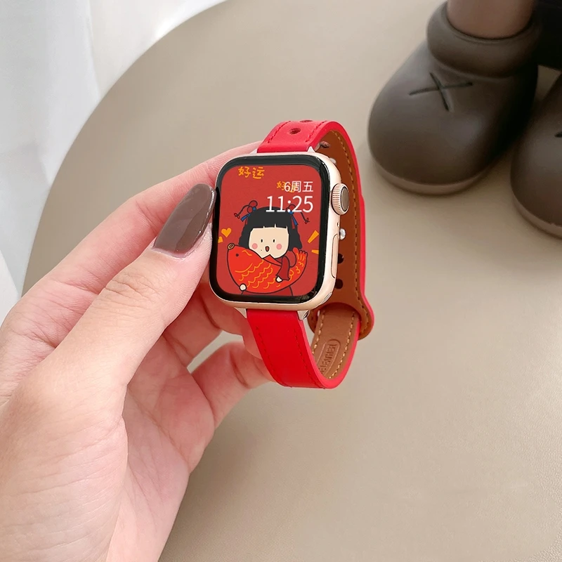 Slim Leather Strap For iWatch 49mm 38mm 40mm 42mm 44mm 41mm 45mm Women Thin Bracelet For Apple Watch Series Ultra 8 7 6 5 4 SE 3