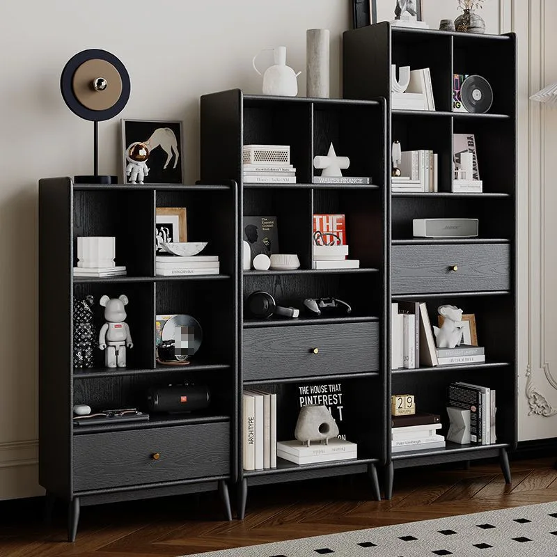 Bücherregal aus massivem Holz, schwarzes Retro-Bücherregal aus Eichenholz, leichtes, luxuriöses mittelalterliches Wohnzimmer, amerikanische Vertikalschrankvitrine,