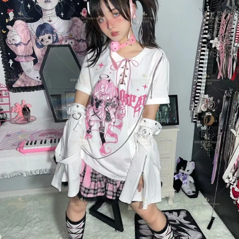 

Японский гранж-панк Kawaii поддельные двухсекционные Y2k эстетические готические уличные съемные футболки с короткими рукавами топы с принтом в стиле панк