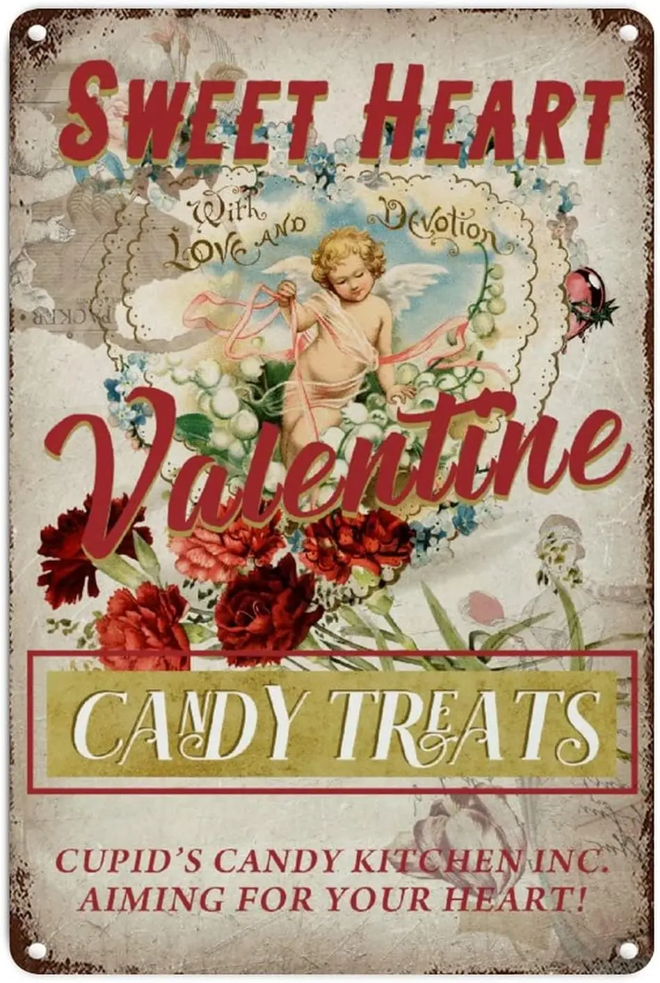 Heart-shaped Outline Valentine Metal Tin Sign Vintage Rose Flower Cupid Candy Kitchen Metal Tin Sign Sweet Heart Valentine Candy