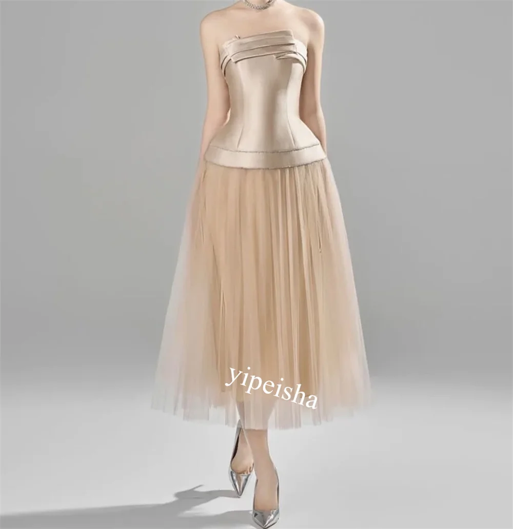 Saudi Arabia Satin Pleat A-line Strapless Bespoke Occasion Gown Midi Es    Dresses