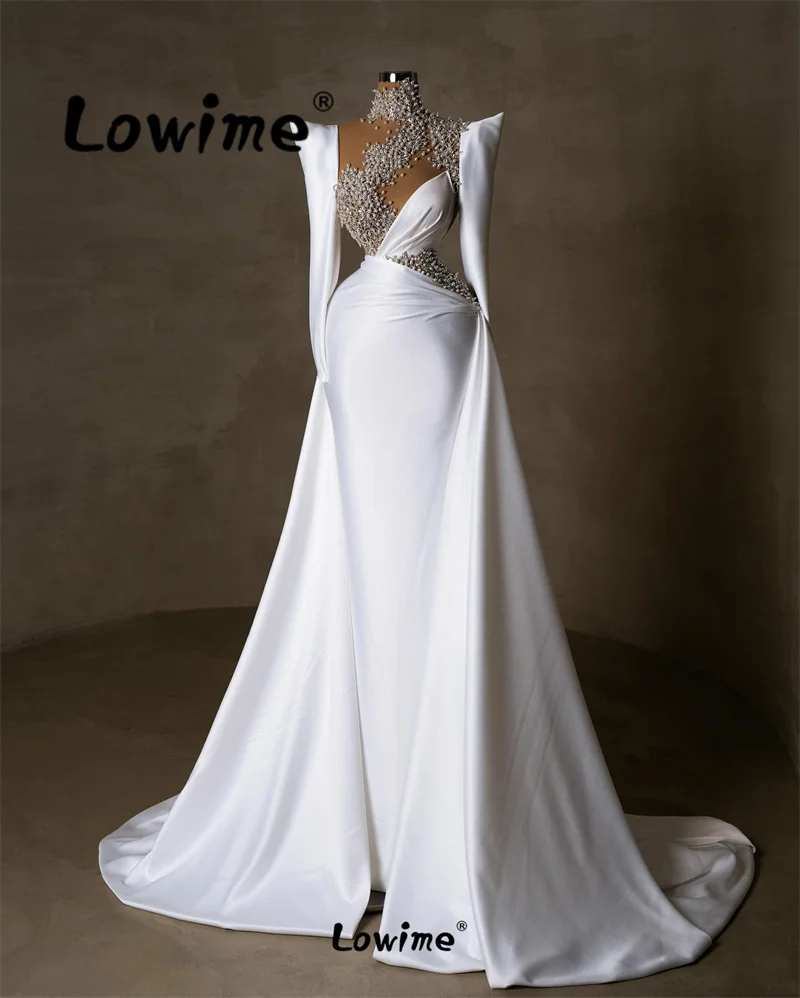 Formal White Evening Dress Long Sleeves Custom Made Beaded Crystal Mermaid Party Gowns 2024 Prom Birthday Engagement Dresses