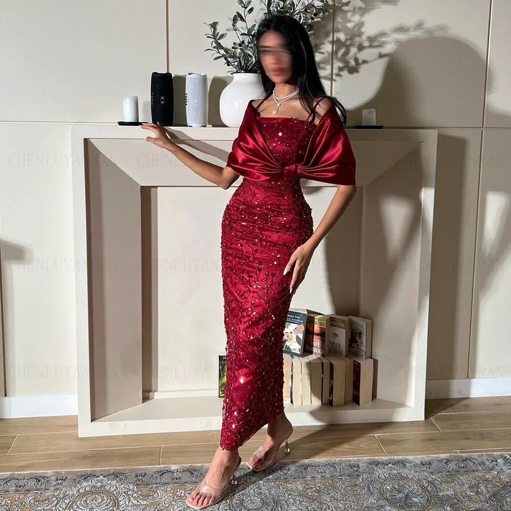 Lace Burgundy Formal Occasion Dresses 2024 Ankle-Length Mermaid Ball Gowns Custom Made Satin Evening Party Gowns فساتين الحفلات