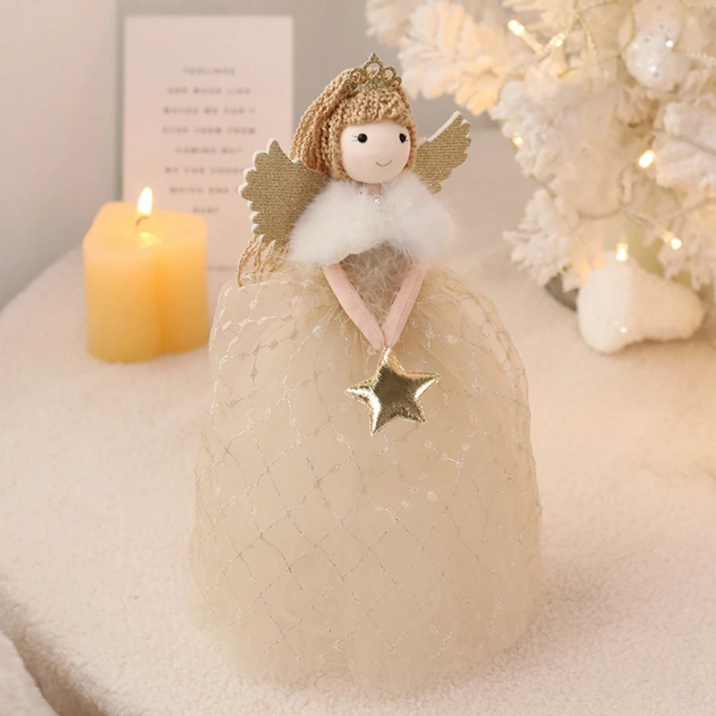 Angel Christmas Tree Topper Ornament with Wing and Lace Dress Xmas Trees Topper Star for Home Holiday Party Christmas Decor