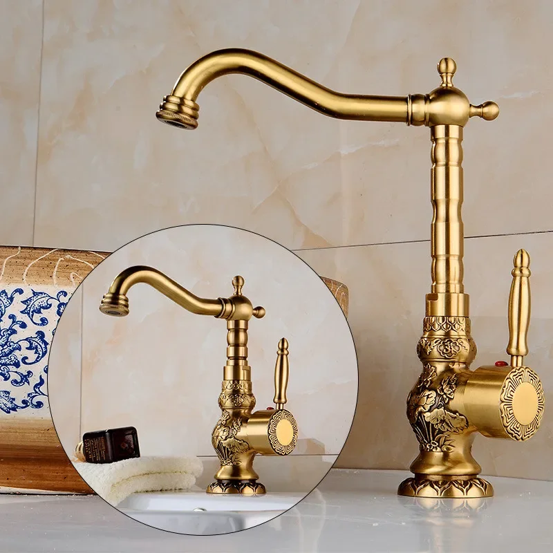 

Antique Basin Faucet Brass Sink Carved Bathroom Copper Tap Rotate Single Handle Hot & Cold Water Mixer Tap Crane