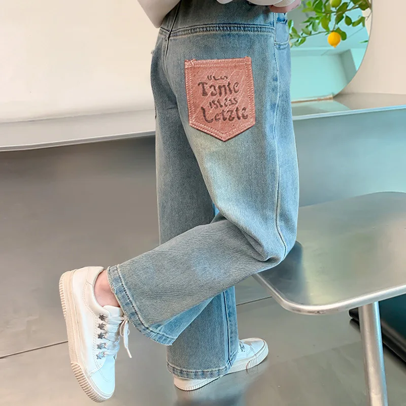 Girls Jeans Loose Simple Teenage Kids Wide Leg Trousers Blue Casual Elastic Waist Straight Leg Pants 12 13 Year Children Clothes