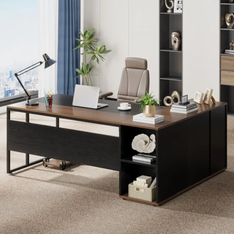 

71 inch Executive Desk L Shaped Desk with Cabinet Storage Executive Office Desk with Shelves Business Furniture Workstation for