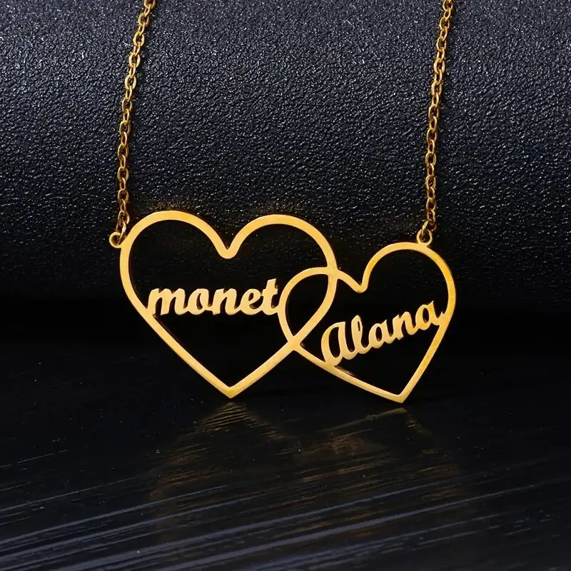 

Custom Double Heart Name Necklace For Women Stainless Steel Gold Color Heart Personalized Necklace Wedding Fashion Jewerly Gift