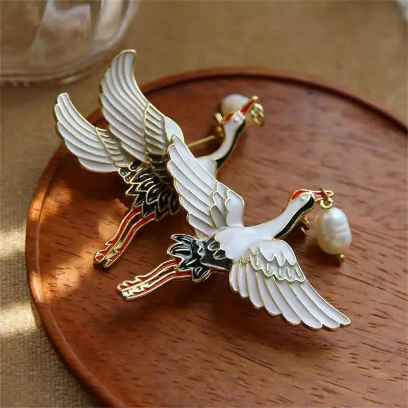 1PC Retro Enamel Flower Crane Brooches Chinese Style Corsage Pins Women Unisex Bird Animal Party Brooch Pins Gift