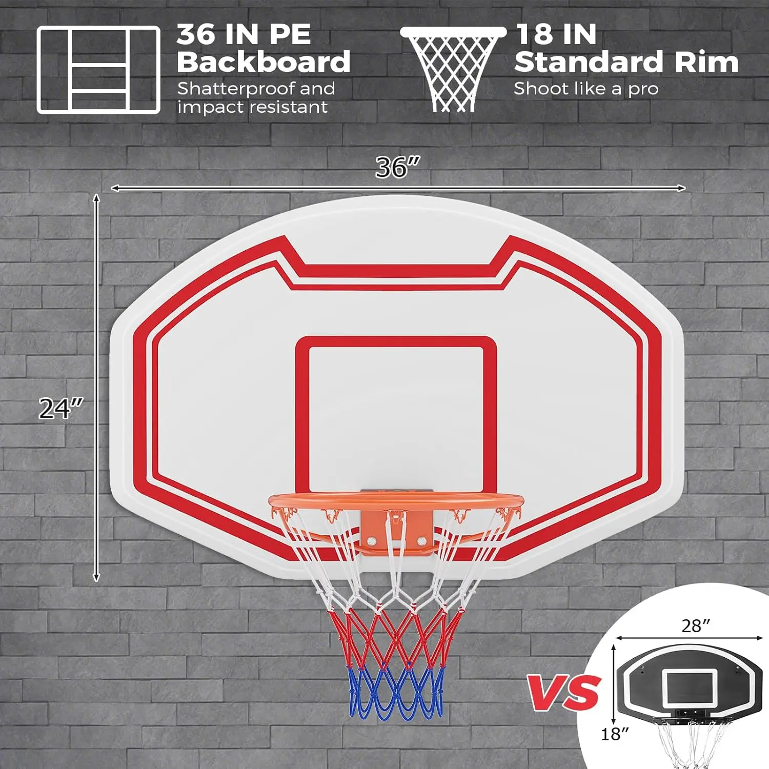屋内外兼用ミニバスケットボールフープ、36 x 24の割れないバックボードと18インチのリム付き、家庭用