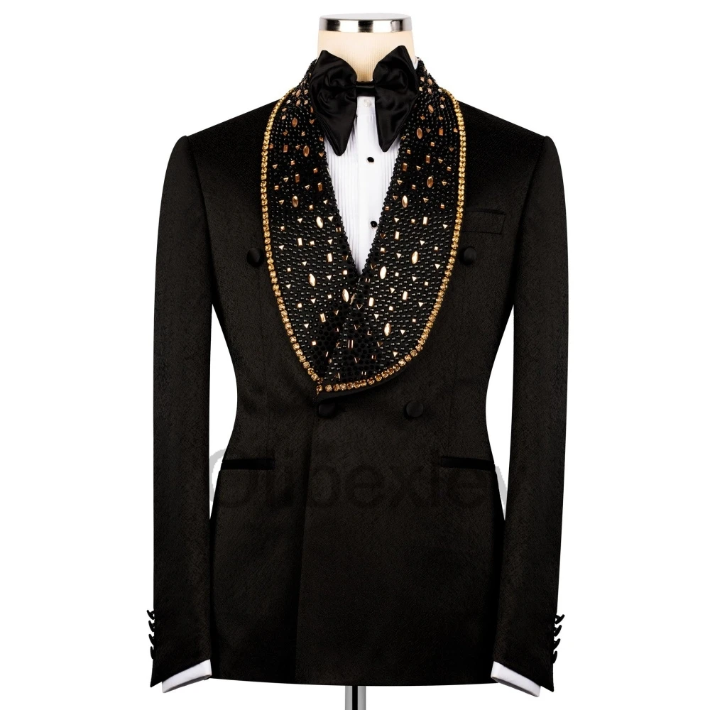 Olibexley Luxury Crystal Beaded Men Suit Slim Fit Wedding Tuxedos 2 Pieces Sets Groom Male Blazers Ropa hombre Customized S331