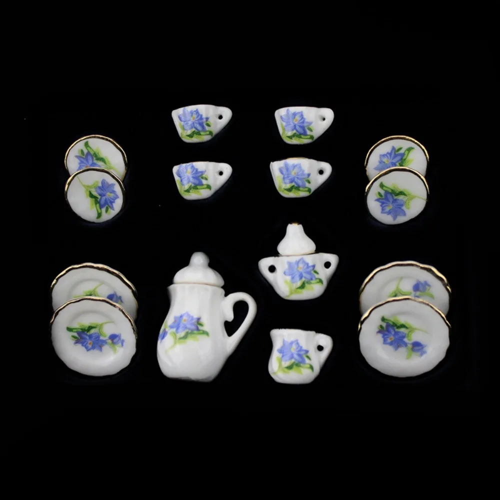 Ceramic Dollhouse Miniature Tea Set Tableware Kettle Doll House Cup Model Set Tray Flower Miniature Porcelain Tea Cup Set