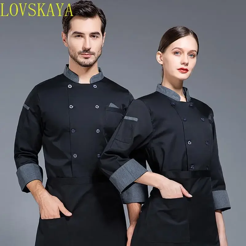 黒のシェフジャケット長袖シェフユニフォームコックコートシェフTシャツベーカー作業服ウェイターレストランホテル服女性ロゴ