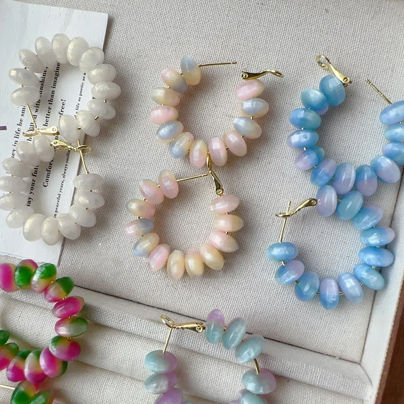 Unique Beads Round Earrings Cute Gradient-Colored Cat's Eye Beaded Hoop Earrings Wholesale Statement Jewelry Custom Packaging view 2