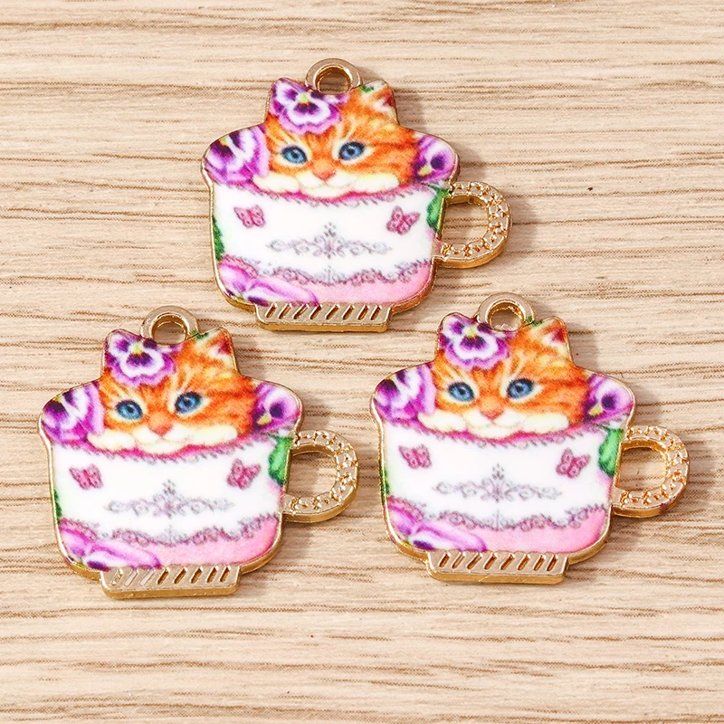 10 stücke 22x22mm Cartoon Tier Charms Emaille Tasse Katze Muster Charms Anhänger für Schmuck Herstellung Ohrringe Halskette DIY Handwerk Geschenke – Detail 3