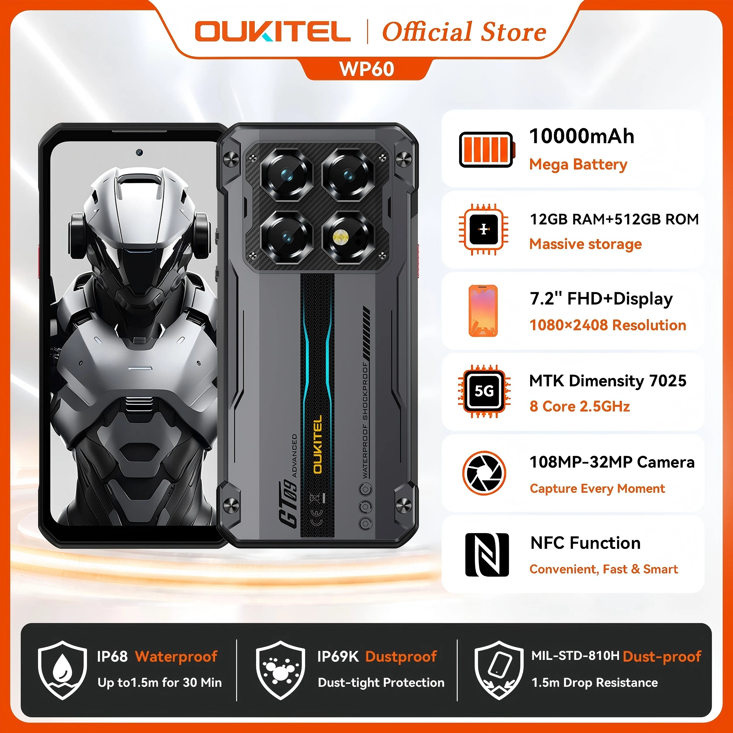 OUKITEL WP60 10000mAh Unlocked Smartphone, 108MP Camera,12GB+512GB, Android 15, NFC 5G, MTK 7025, 120Hz - Waterproof Phone